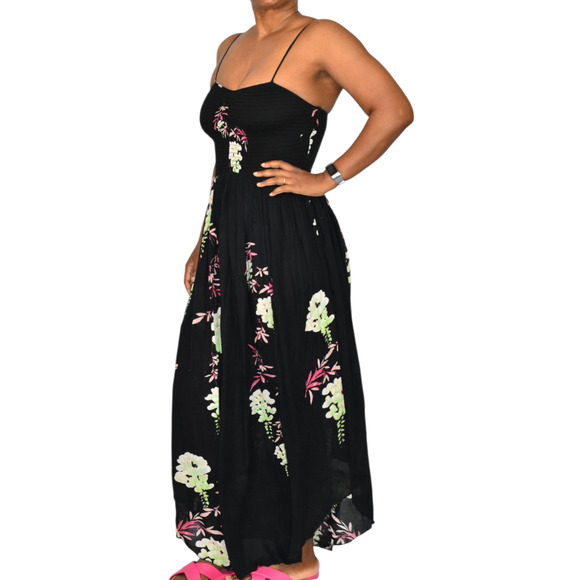 Free People Beau Midi Dress Black Floral Gauzy Smock Slip Sweetheart Sundress XS - Picture 15 of 15
